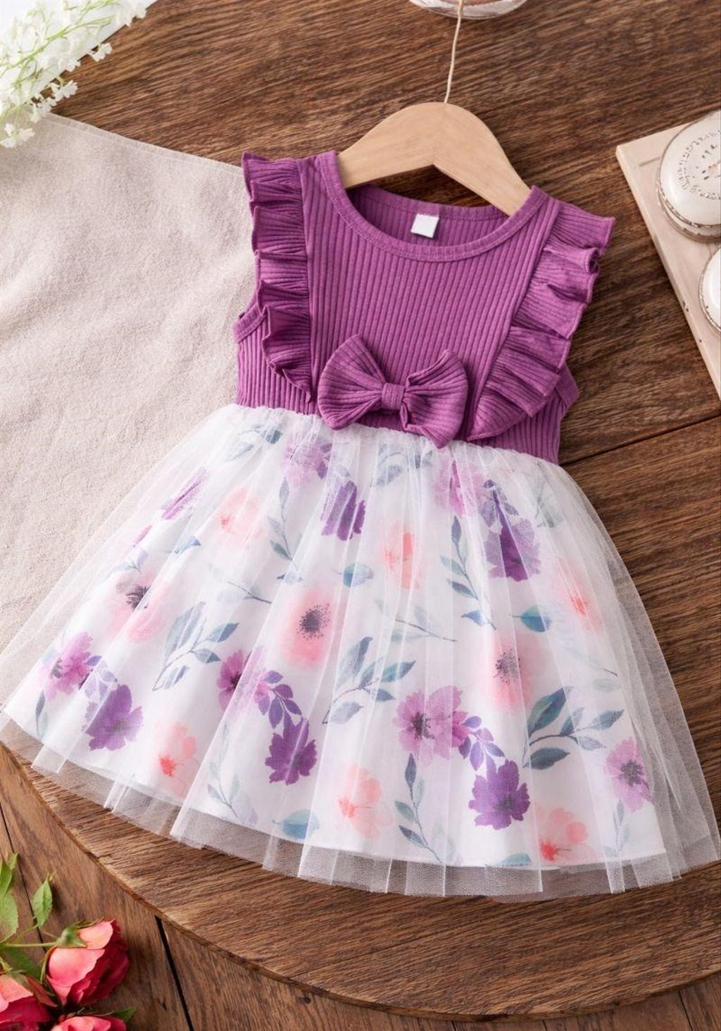  Embroidery Toddler New Baby Little Princess Girls Pink Fly Ruffle Sleeveless Strap Printed Bowknot Summer Party Outfit Knee Lenght Net Casual Frock Clothes Set image 2