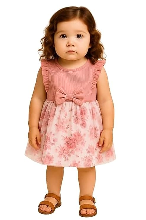  Embroidery Toddler New Baby Little Princess Girls Pink Fly Ruffle Sleeveless Strap Printed Bowknot Summer Party Outfit Knee Lenght Net Casual Frock Clothes Set