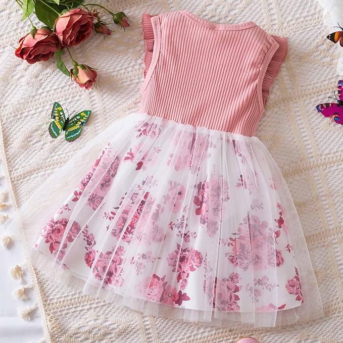  Embroidery Toddler New Baby Little Princess Girls Pink Fly Ruffle Sleeveless Strap Printed Bowknot Summer Party Outfit Knee Lenght Net Casual Frock Clothes Set image 2