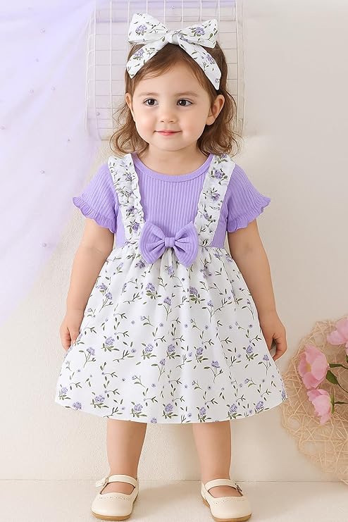 DANGRI Frock Half Sleeve Frock Dress for Girls Toddler Little Princess Printed Bowknot Knee Lenght Net Clothes Set