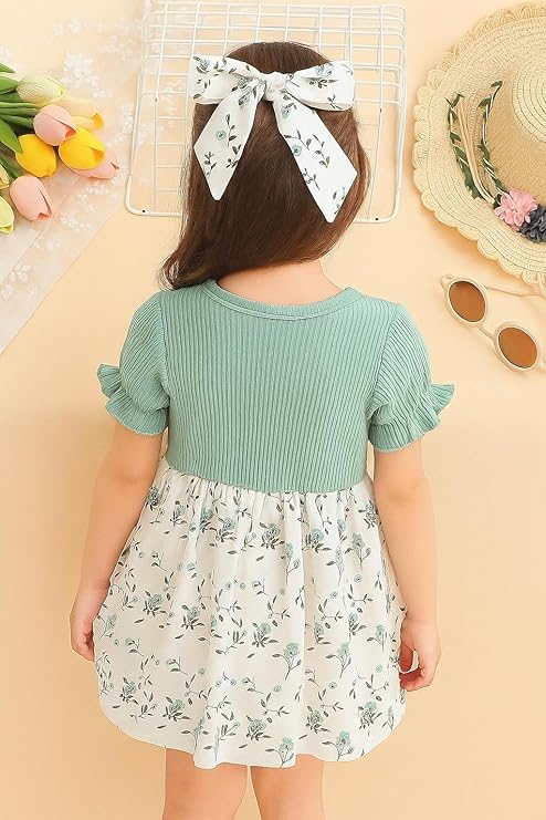 DANGRI Frock Half Sleeve Frock Dress for Girls Toddler Little Princess Printed Bowknot Knee Lenght Net Clothes Set image 2
