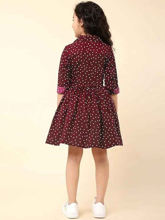 Girls Knee Length Printed Dress | Festive Dress for Girls| Knee Length Frock Dress |3/4 Sleeve Fancy Dress | Maroon Dress for Girls Tops for Girls Frock | image 4