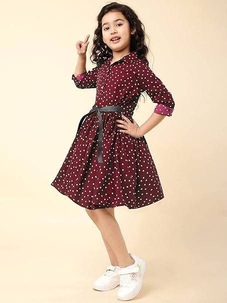 Girls Knee Length Printed Dress | Festive Dress for Girls| Knee Length Frock Dress |3/4 Sleeve Fancy Dress | Maroon Dress for Girls Tops for Girls Frock | image 3