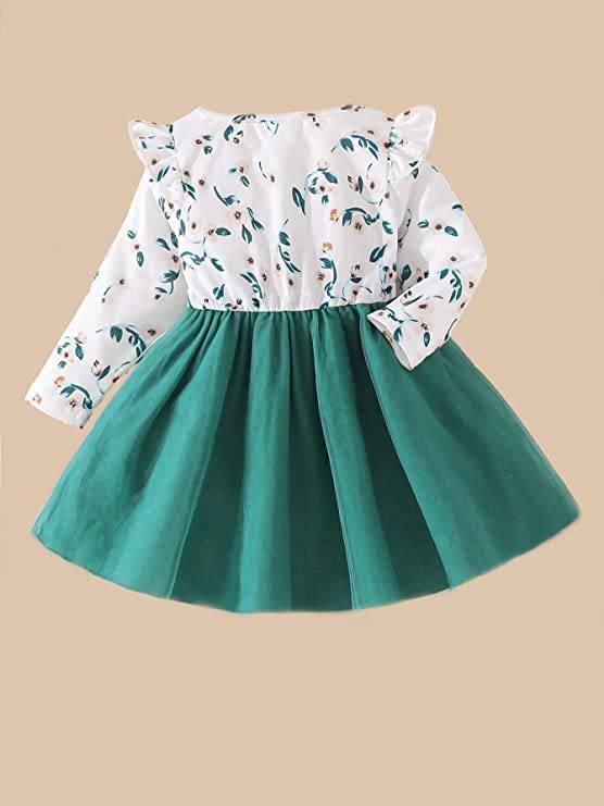 Baby Printed Ruffle Trim Bow Front Mesh Hem Dress Embroidery Toddler Little Princess Girls Full Sleeve Strap Printed Bowknot Summer Party Outfit Knee Lenght Net Frock Clothes Set image 2