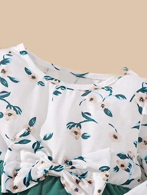 Baby Printed Ruffle Trim Bow Front Mesh Hem Dress Embroidery Toddler Little Princess Girls Full Sleeve Strap Printed Bowknot Summer Party Outfit Knee Lenght Net Frock Clothes Set image 3