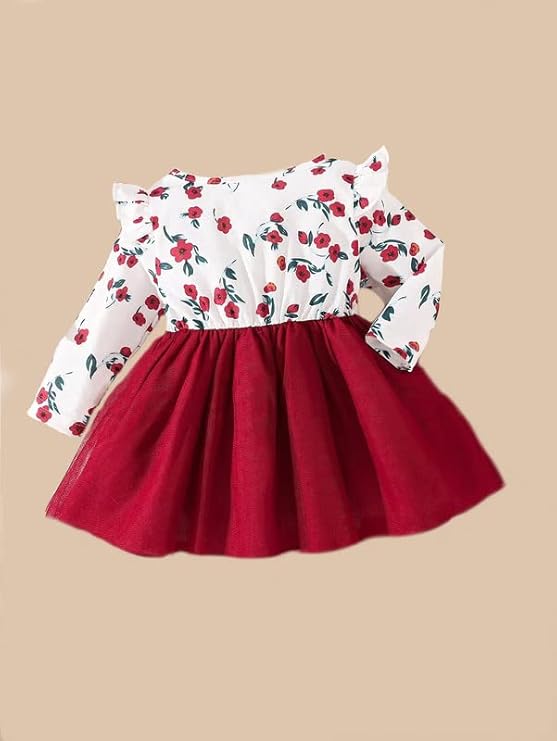 Baby Printed Ruffle Trim Bow Front Mesh Hem Dress Embroidery Toddler Little Princess Girls Full Sleeve Strap Printed Bowknot Summer Party Outfit Knee Lenght Net Frock Clothes Set image 2