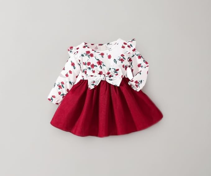 Baby Printed Ruffle Trim Bow Front Mesh Hem Dress Embroidery Toddler Little Princess Girls Full Sleeve Strap Printed Bowknot Summer Party Outfit Knee Lenght Net Frock Clothes Set