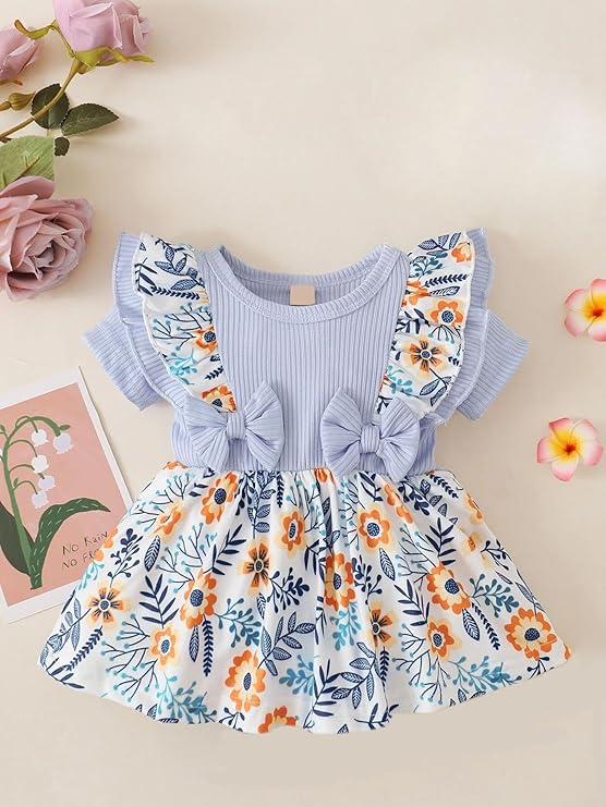 Floral Printed Model Baby Girl Dress Summer Clothes Ruffle Sleeve Toddler Dress Long Sleeve Infant Casual Ruffle Print Girls Clothing Dress Baby Frock for Kids Dress
