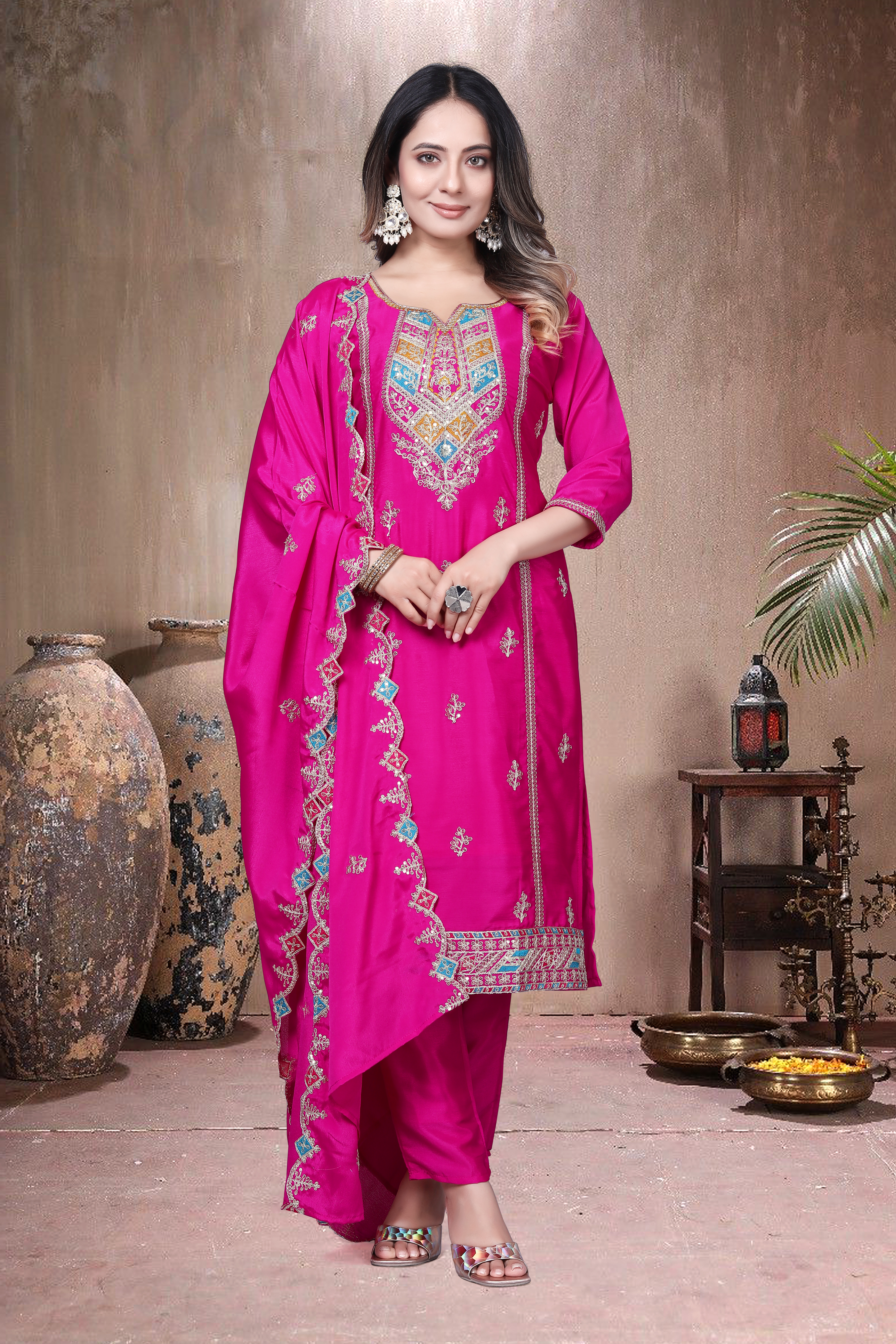 Trendy Women's Salwar Suit With Embroidery Sequence Work Ethnic Set Top-Bottom And Dupatta Set Fully Stitched Ready To Wear| Kurta Pant