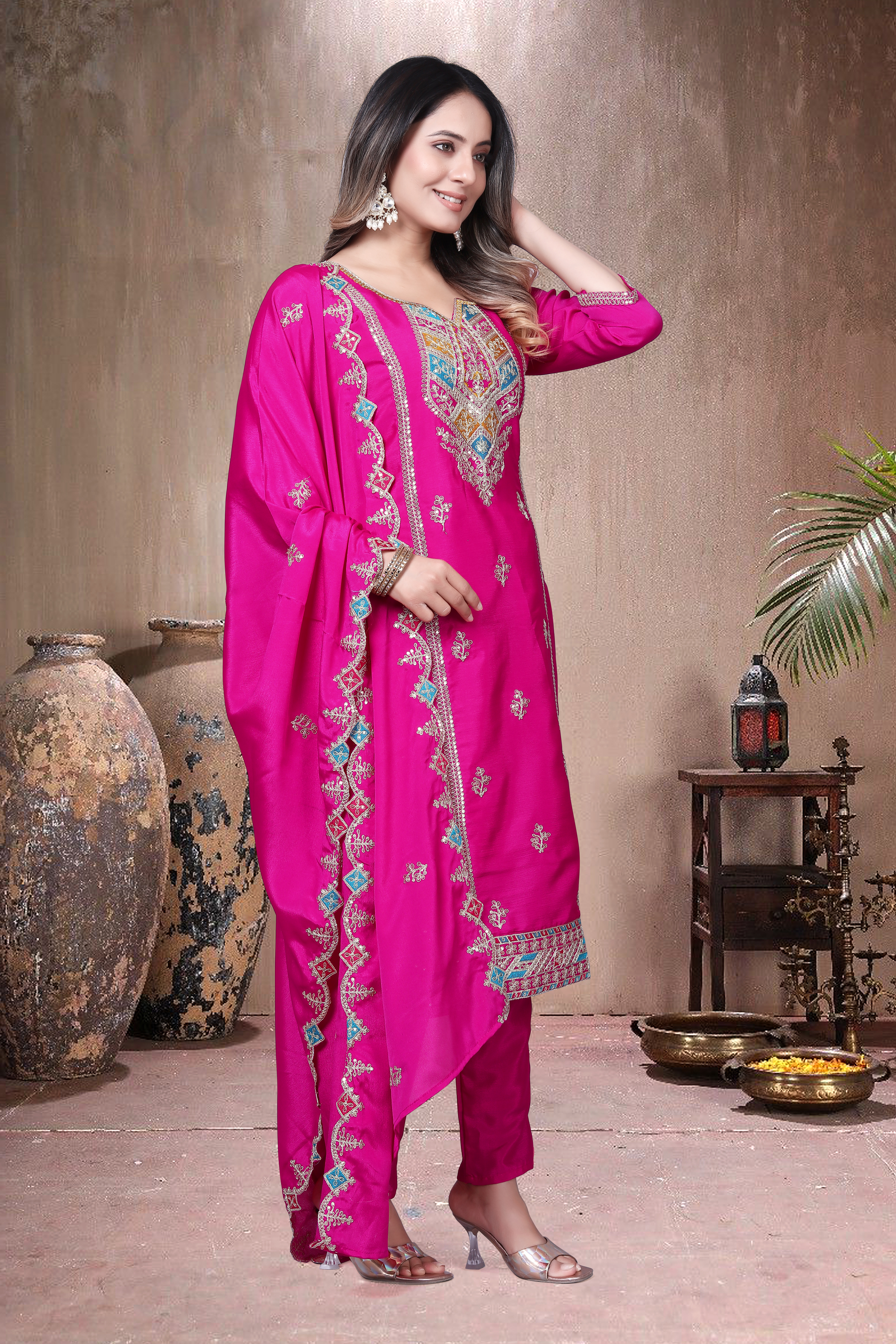 Trendy Women's Salwar Suit With Embroidery Sequence Work Ethnic Set Top-Bottom And Dupatta Set Fully Stitched Ready To Wear| Kurta Pant image 4