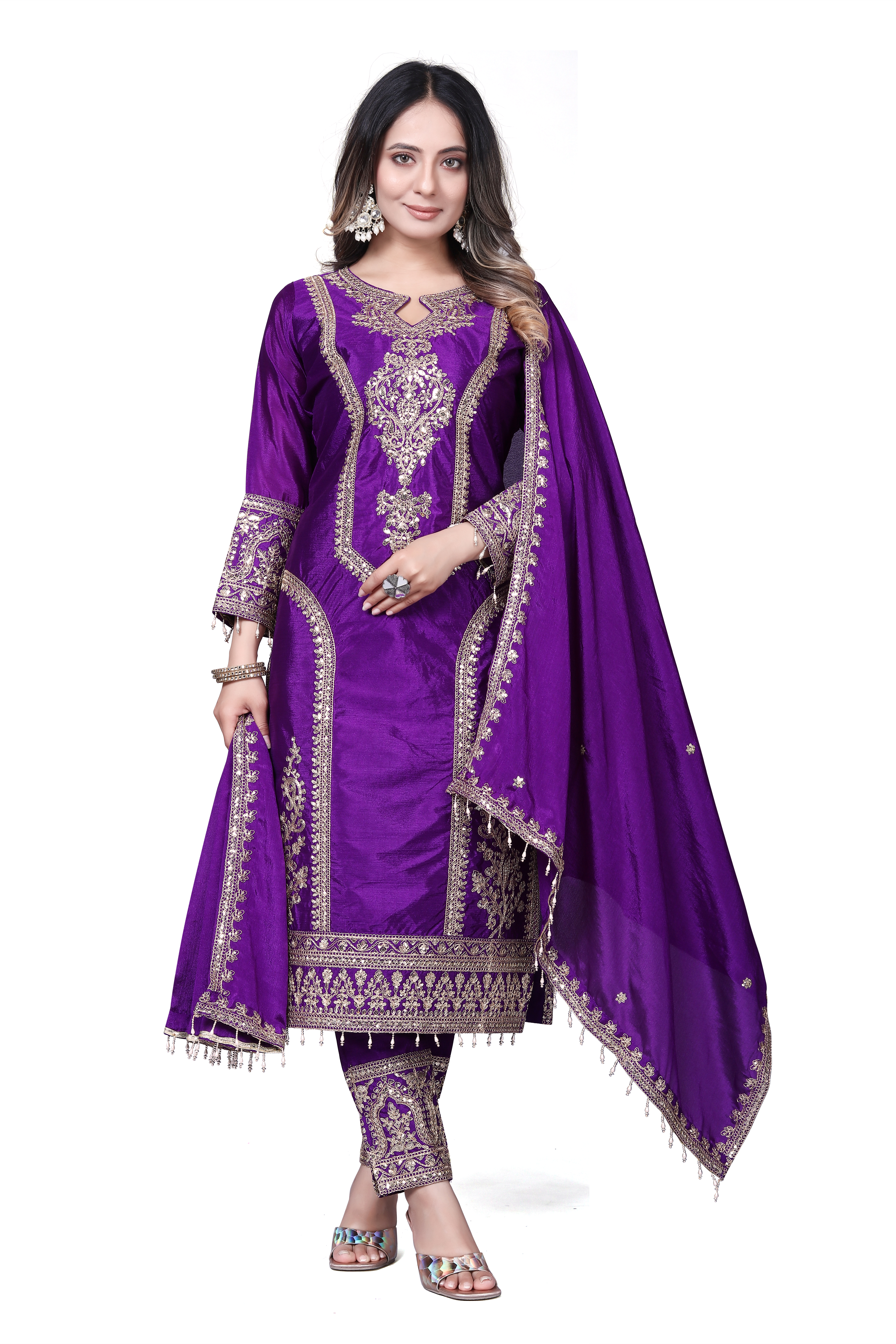 Trendy Women's Salwar Suit Chinnon Silk With Embroidery Sequence Work Ethnic Set Top-Bottom And Dupatta Set Fully Stitched Ready To Wear| Kurta Pant
