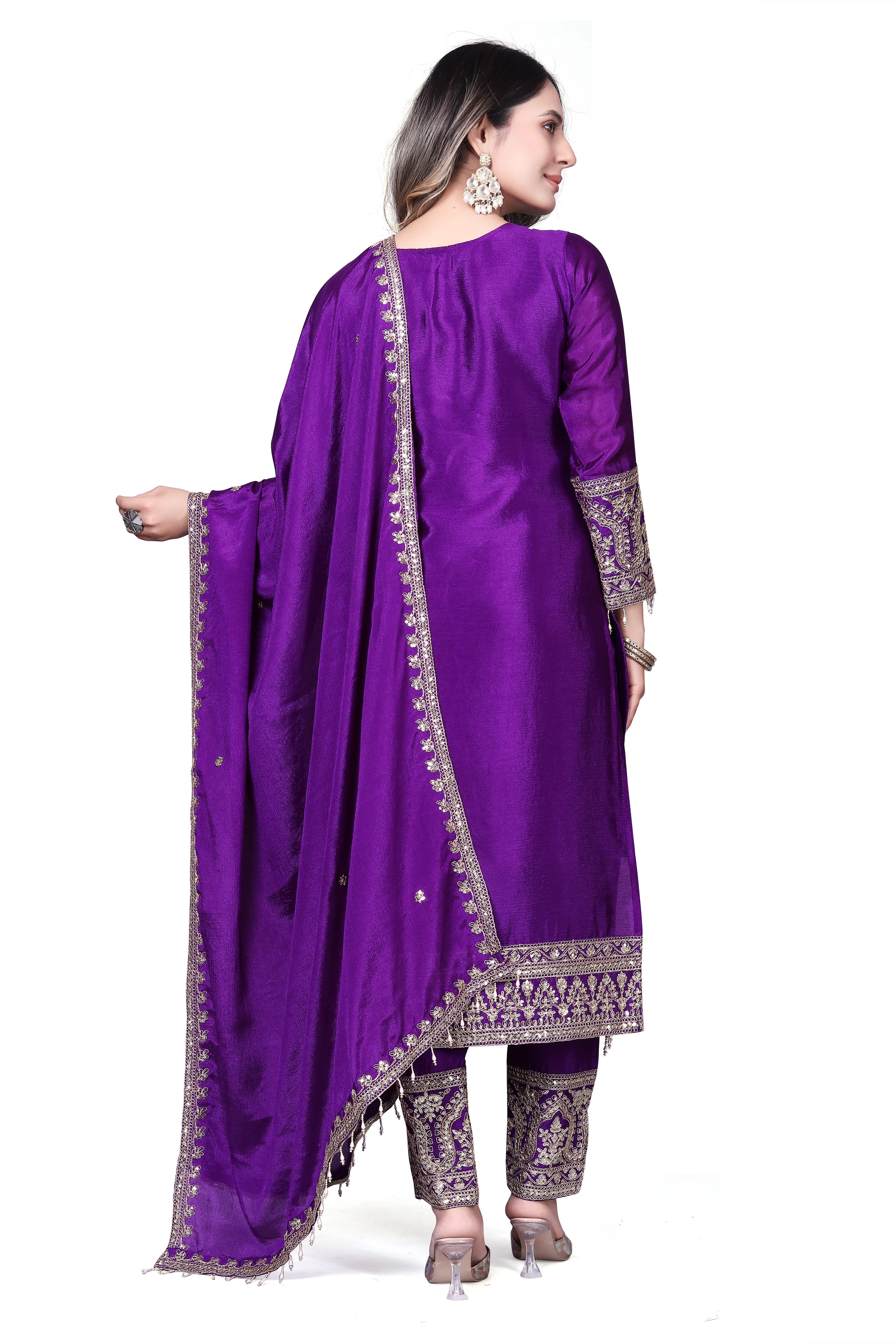 Trendy Women's Salwar Suit Chinnon Silk With Embroidery Sequence Work Ethnic Set Top-Bottom And Dupatta Set Fully Stitched Ready To Wear| Kurta Pant image 2