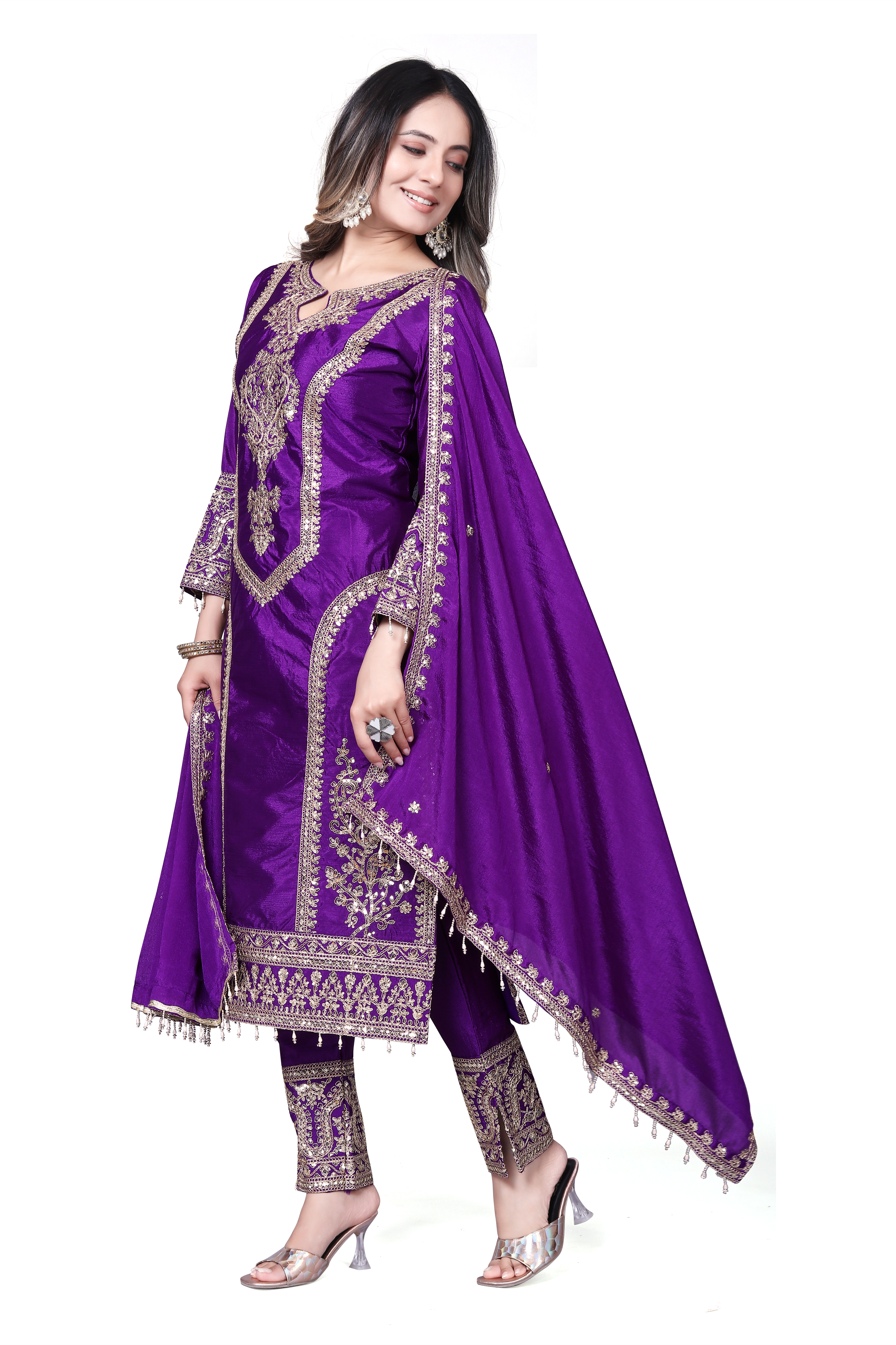 Trendy Women's Salwar Suit Chinnon Silk With Embroidery Sequence Work Ethnic Set Top-Bottom And Dupatta Set Fully Stitched Ready To Wear| Kurta Pant image 4
