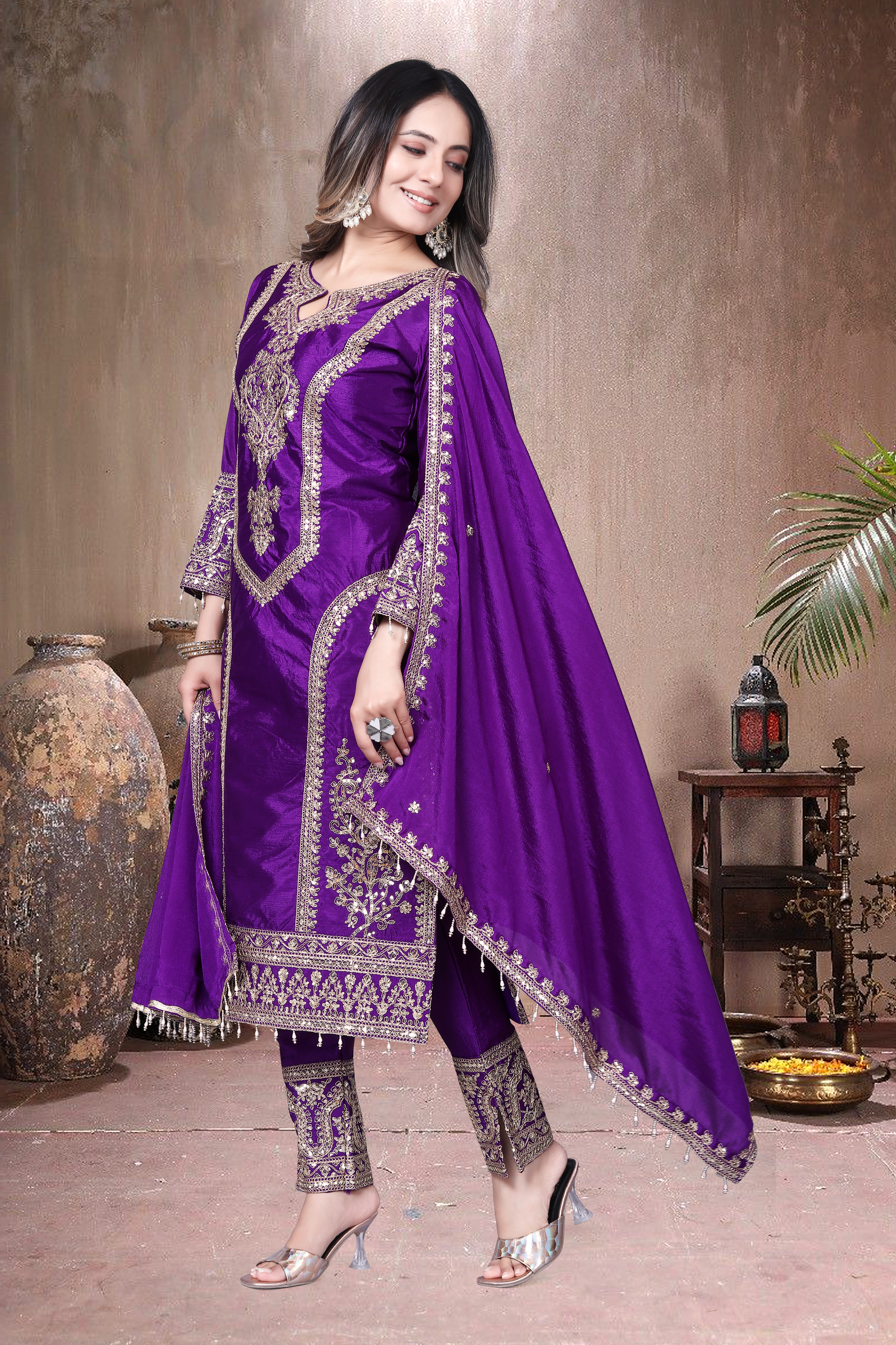 Trendy Women's Salwar Suit With Embroidery Sequence Work Ethnic Set Top-Bottom And Dupatta Set Fully Stitched Ready To Wear| Kurta Pant image 3