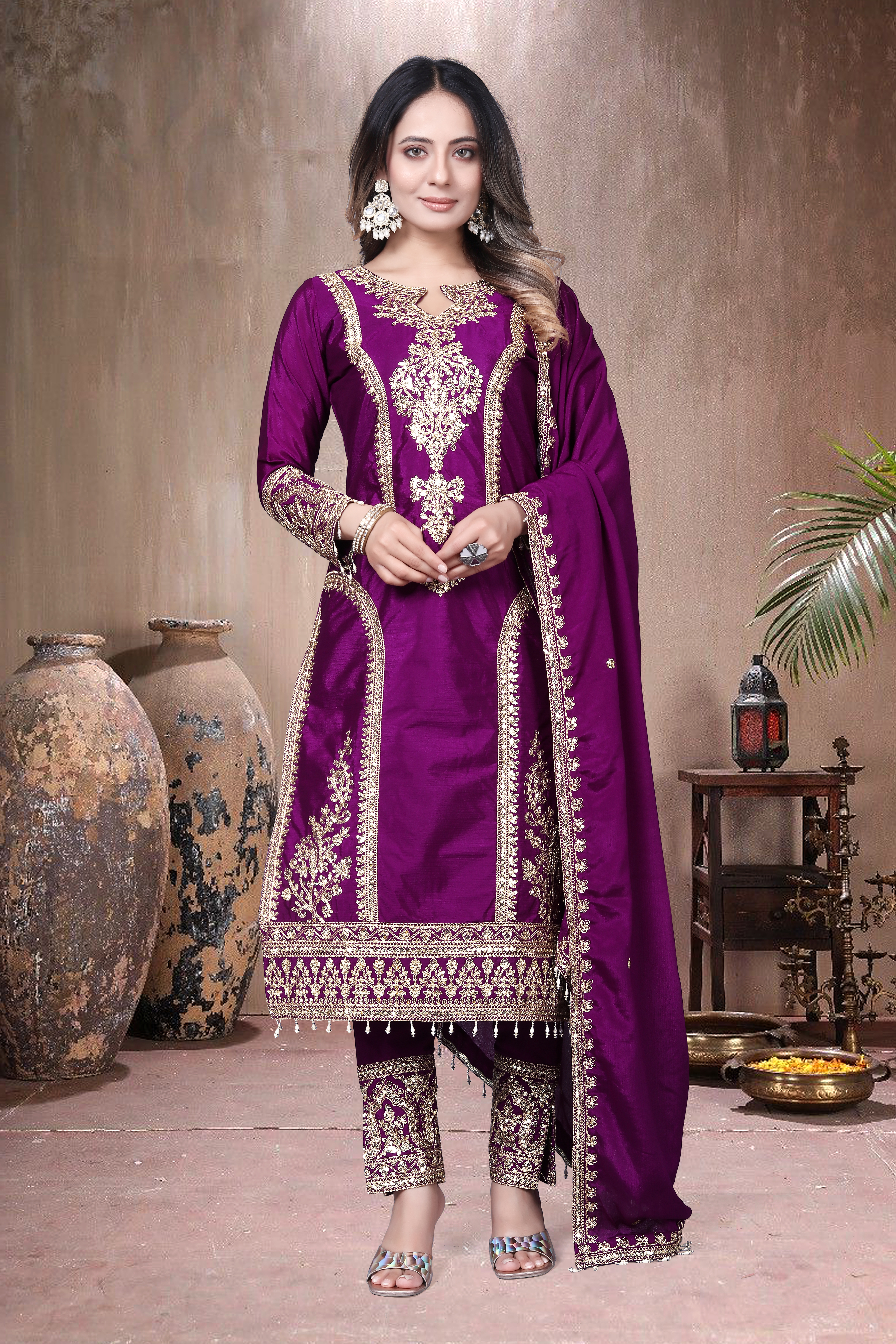 Trendy Women's Salwar Suit Chinnon Silk With Embroidery Sequence Work Ethnic Set Top-Bottom And Dupatta Set Fully Stitched Ready To Wear| Kurta Pant