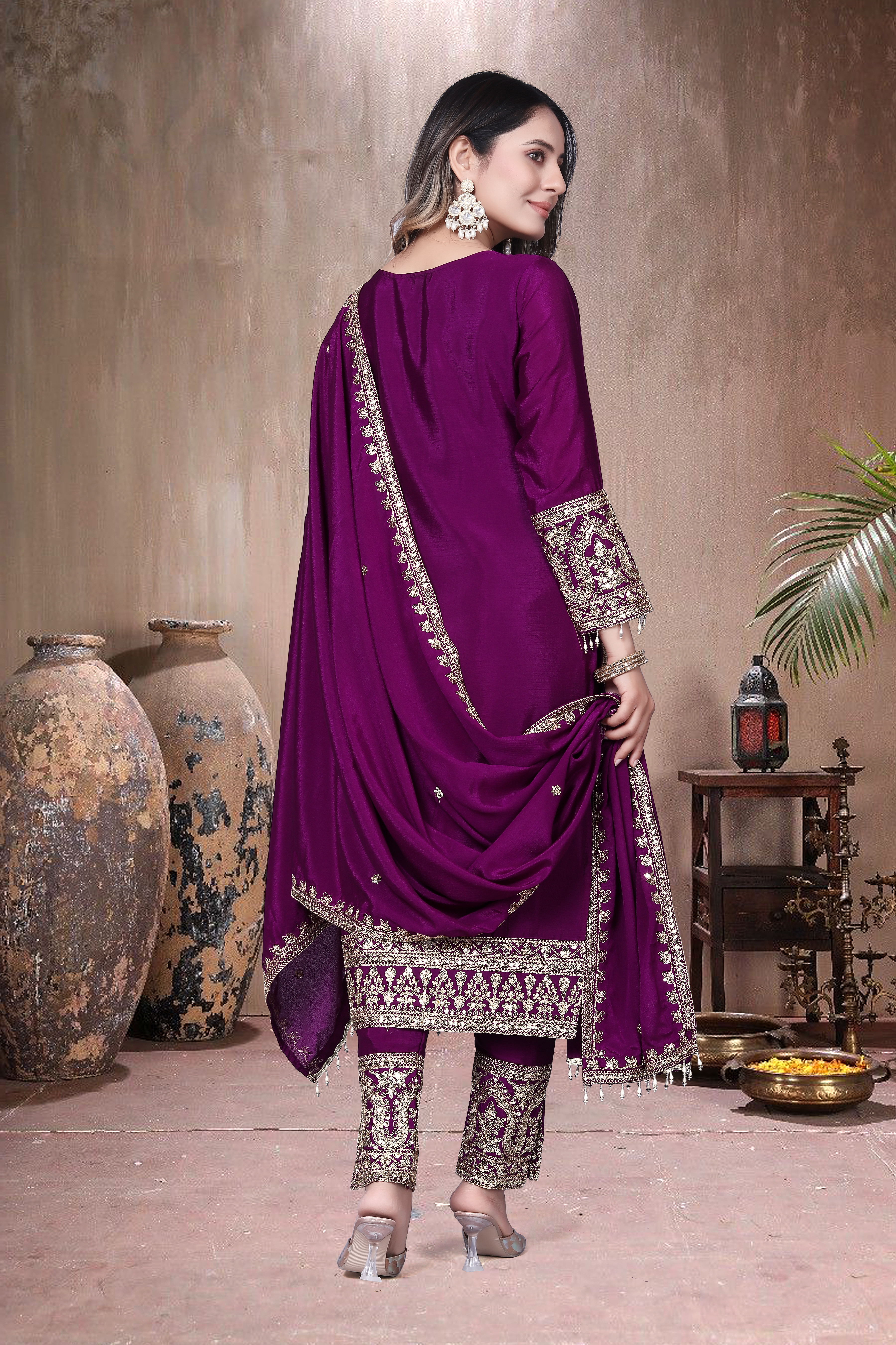 Trendy Women's Salwar Suit Chinnon Silk With Embroidery Sequence Work Ethnic Set Top-Bottom And Dupatta Set Fully Stitched Ready To Wear| Kurta Pant image 2