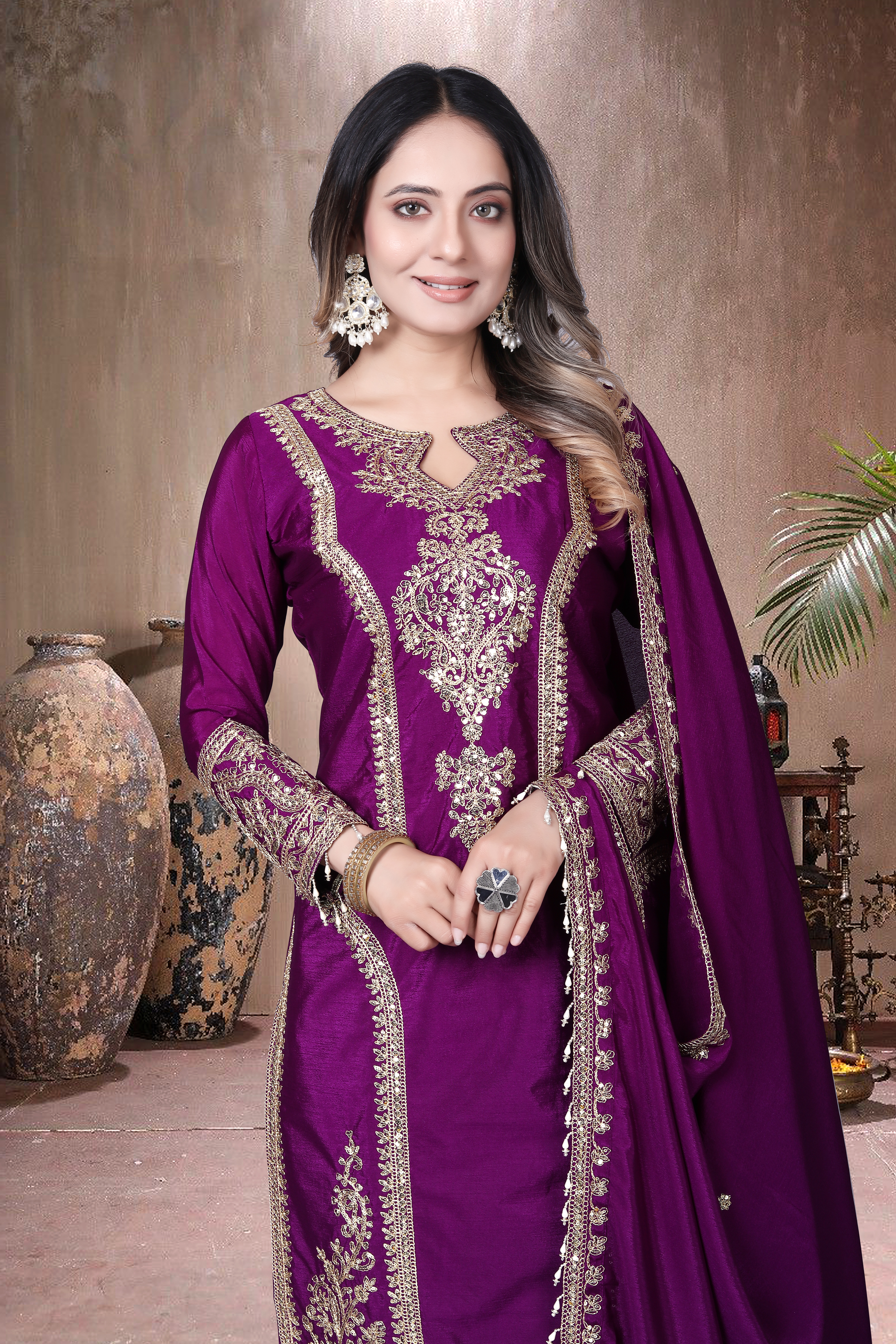 Trendy Women's Salwar Suit Chinnon Silk With Embroidery Sequence Work Ethnic Set Top-Bottom And Dupatta Set Fully Stitched Ready To Wear| Kurta Pant image 3