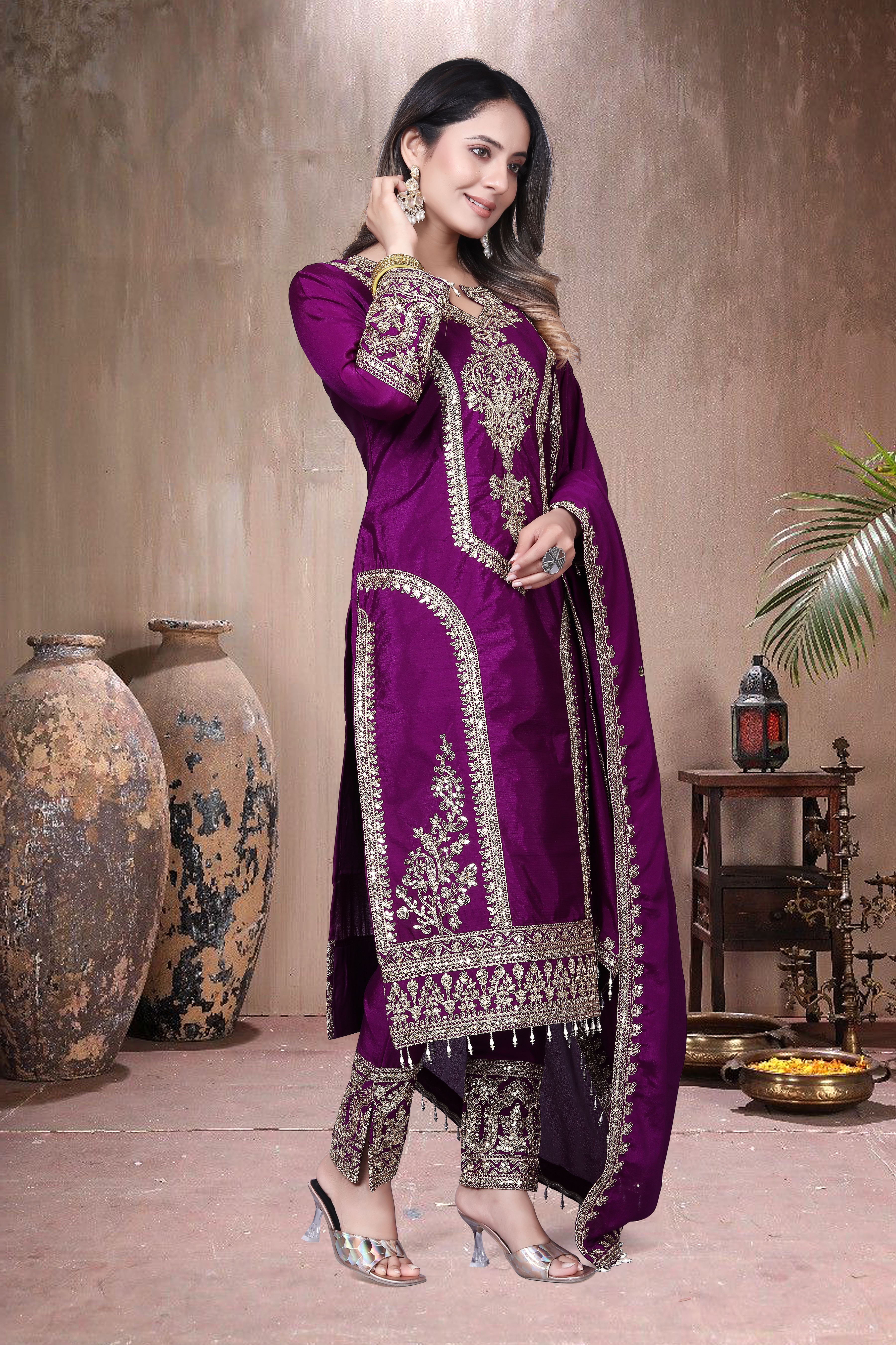 Trendy Women's Salwar Suit Chinnon Silk With Embroidery Sequence Work Ethnic Set Top-Bottom And Dupatta Set Fully Stitched Ready To Wear| Kurta Pant image 4