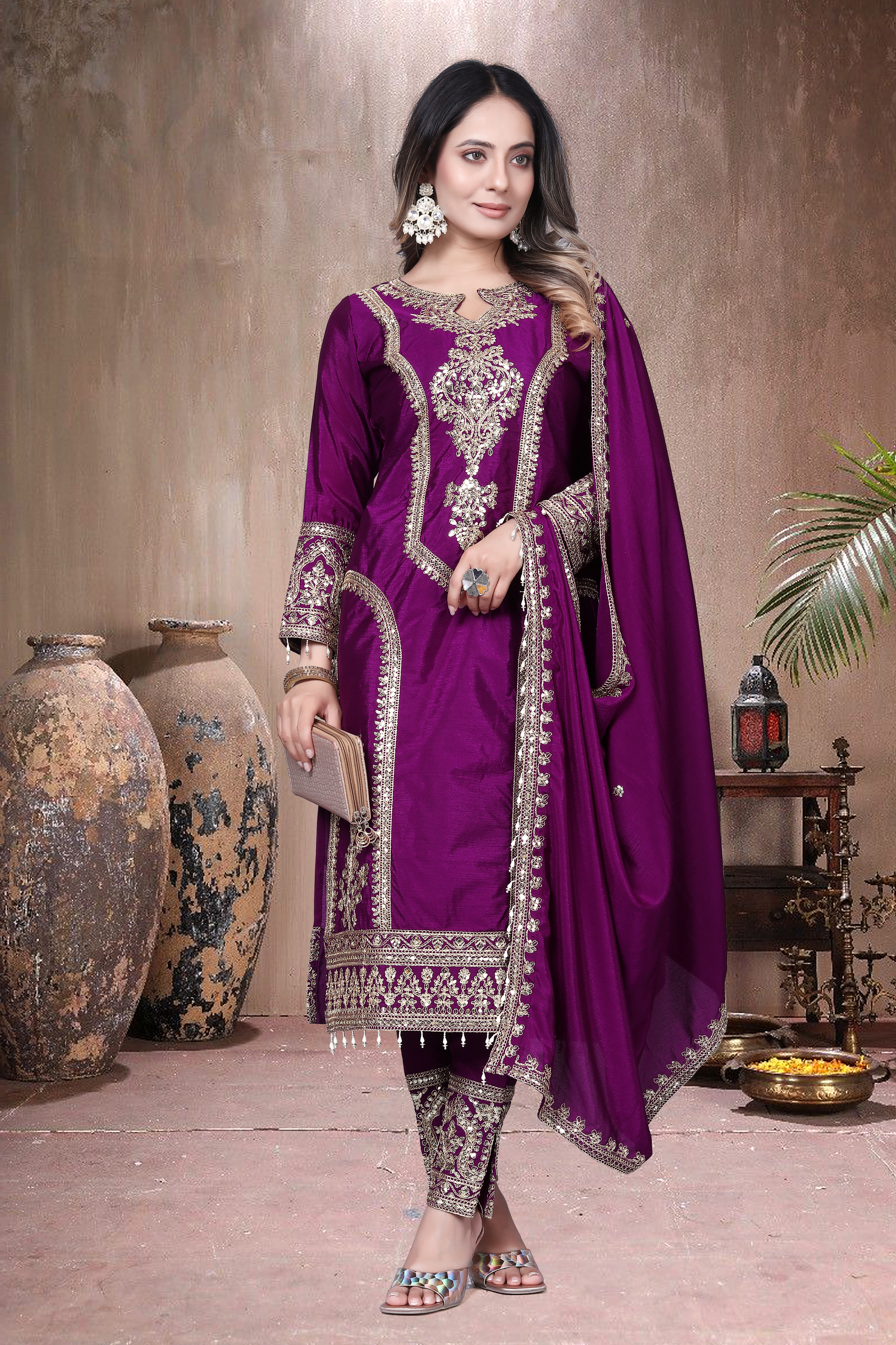 Trendy Women's Salwar Suit Chinnon Silk With Embroidery Sequence Work Ethnic Set Top-Bottom And Dupatta Set Fully Stitched Ready To Wear| Kurta Pant image 5