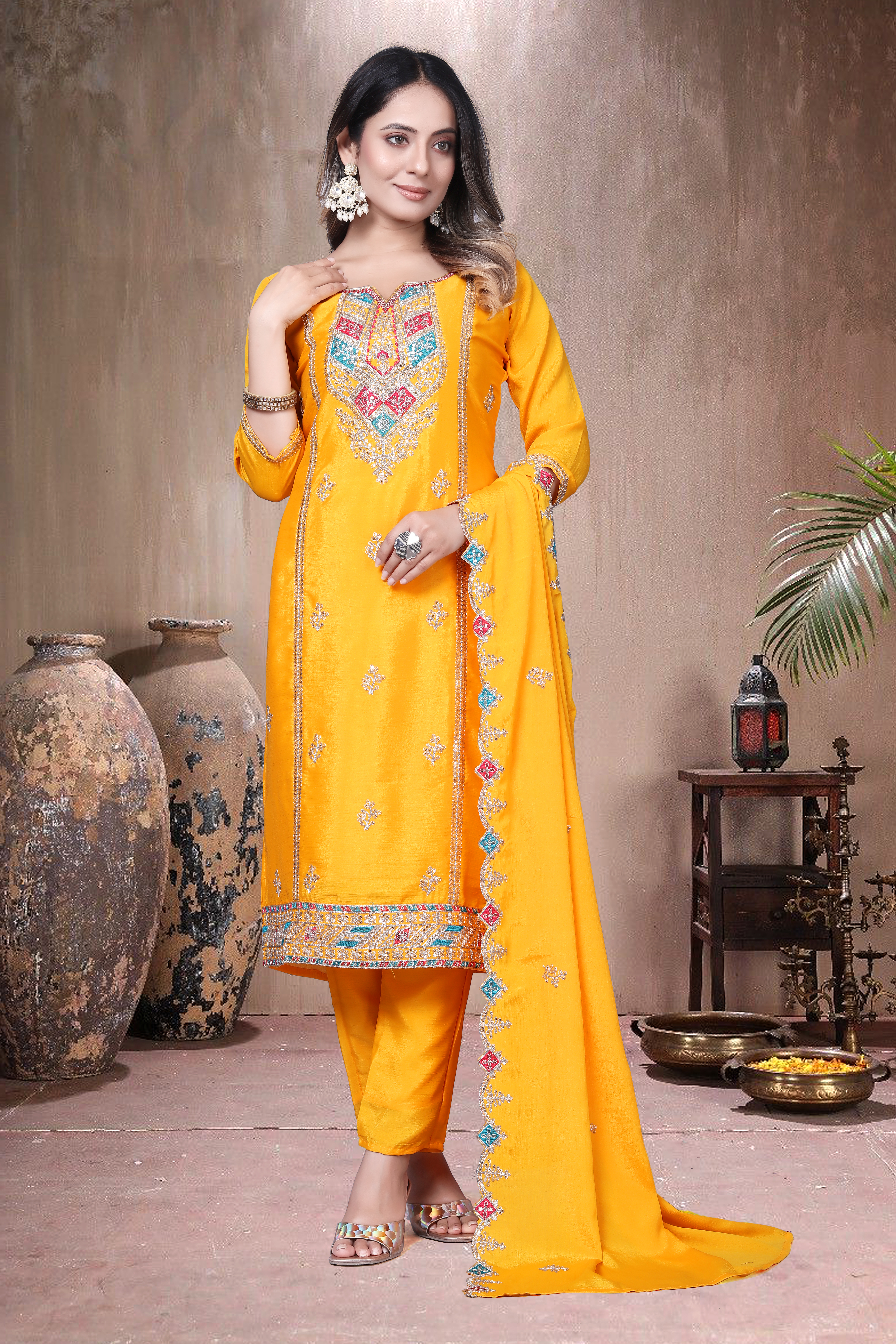 Trendy Women's Salwar Suit Chinnon Silk With Embroidery Sequence Work Ethnic Set Top-Bottom And Dupatta Set Fully Stitched Ready To Wear| Kurta Pant