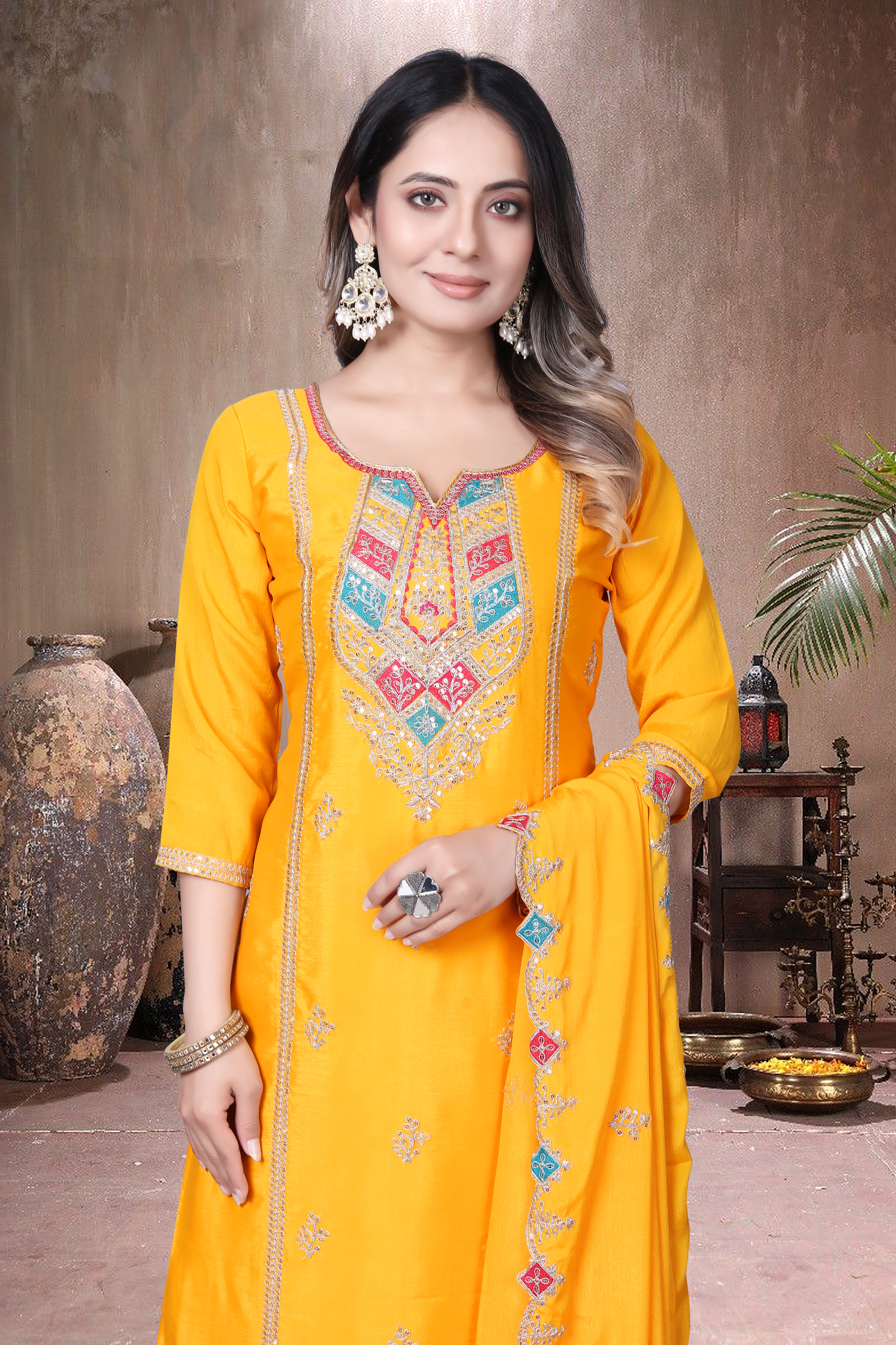 Trendy Women's Salwar Suit Chinnon Silk With Embroidery Sequence Work Ethnic Set Top-Bottom And Dupatta Set Fully Stitched Ready To Wear| Kurta Pant image 3