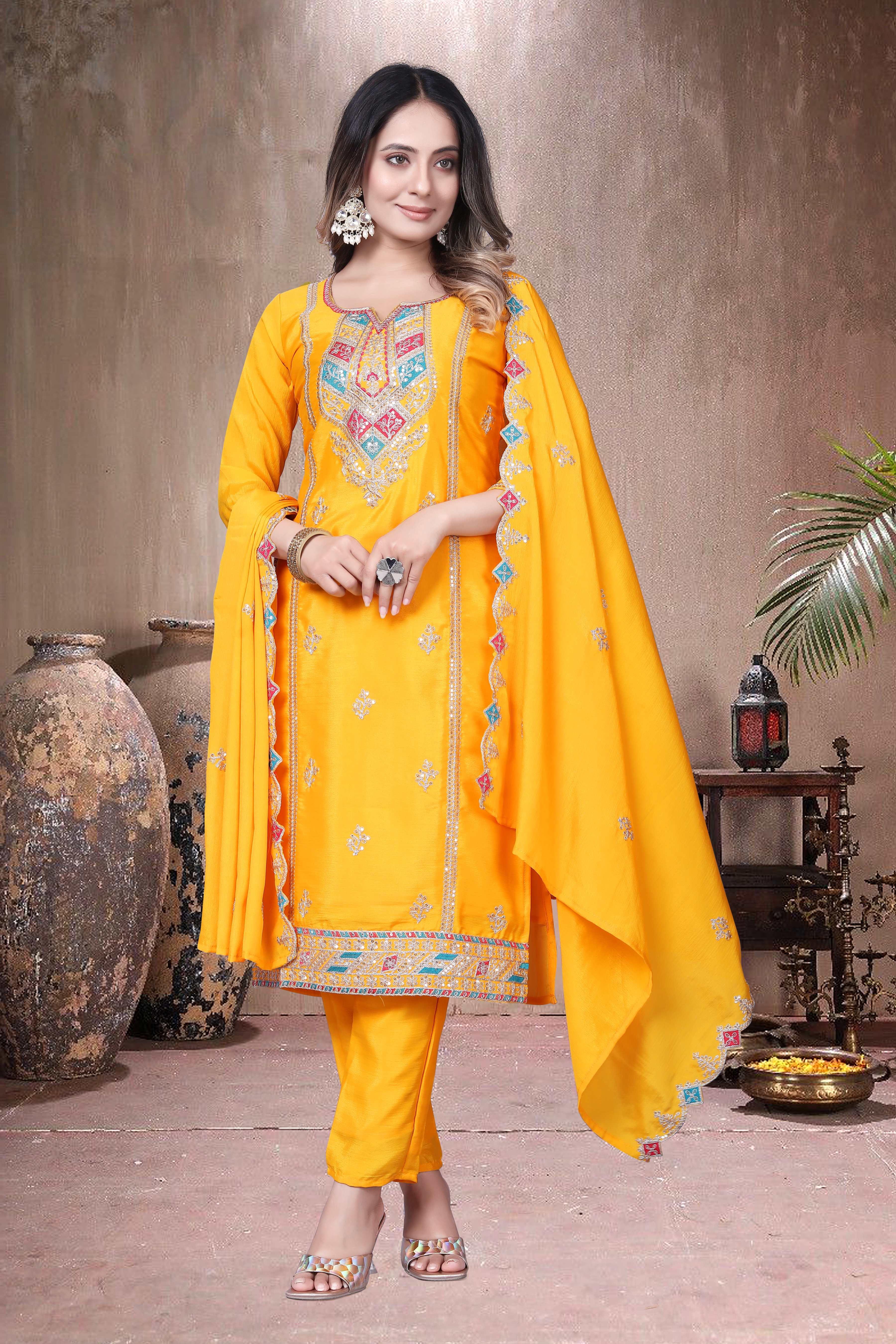 Trendy Women's Salwar Suit Chinnon Silk With Embroidery Sequence Work Ethnic Set Top-Bottom And Dupatta Set Fully Stitched Ready To Wear| Kurta Pant image 4