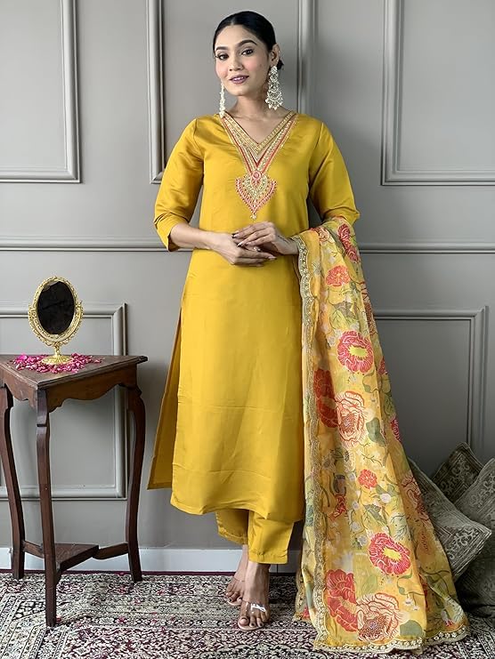 Trendy Women's Salwar Suit Chinnon Silk With Embroidery Sequence Work Ethnic Set Top-Bottom And Dupatta Set Fully Stitched Ready To Wear| Kurta Pant