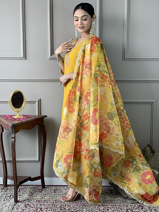 Trendy Women's Salwar Suit Chinnon Silk With Embroidery Sequence Work Ethnic Set Top-Bottom And Dupatta Set Fully Stitched Ready To Wear| Kurta Pant image 4