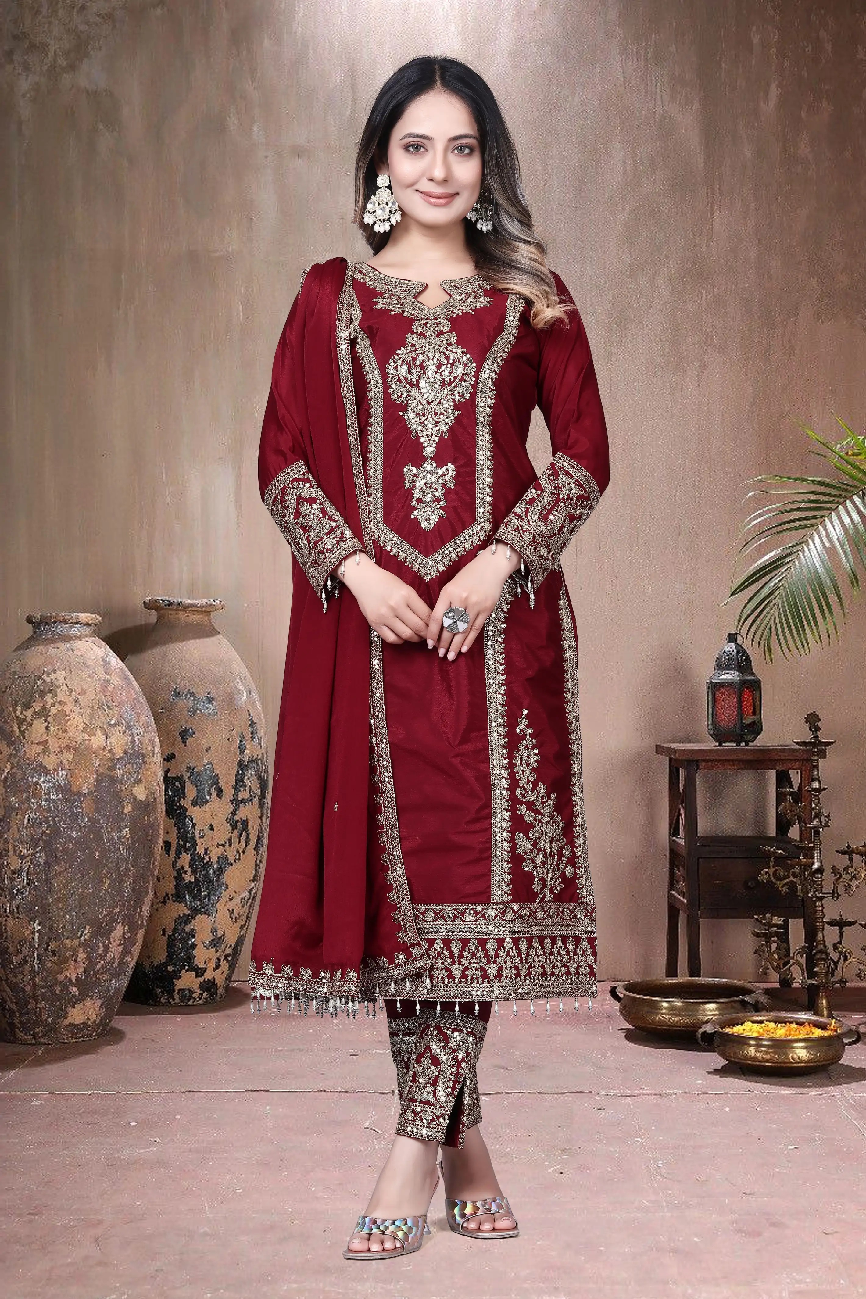 Trendy Women's Salwar Suit With Embroidery Sequence Work Ethnic Set Top-Bottom And Dupatta Set Fully Stitched Ready To Wear| Kurta Pant