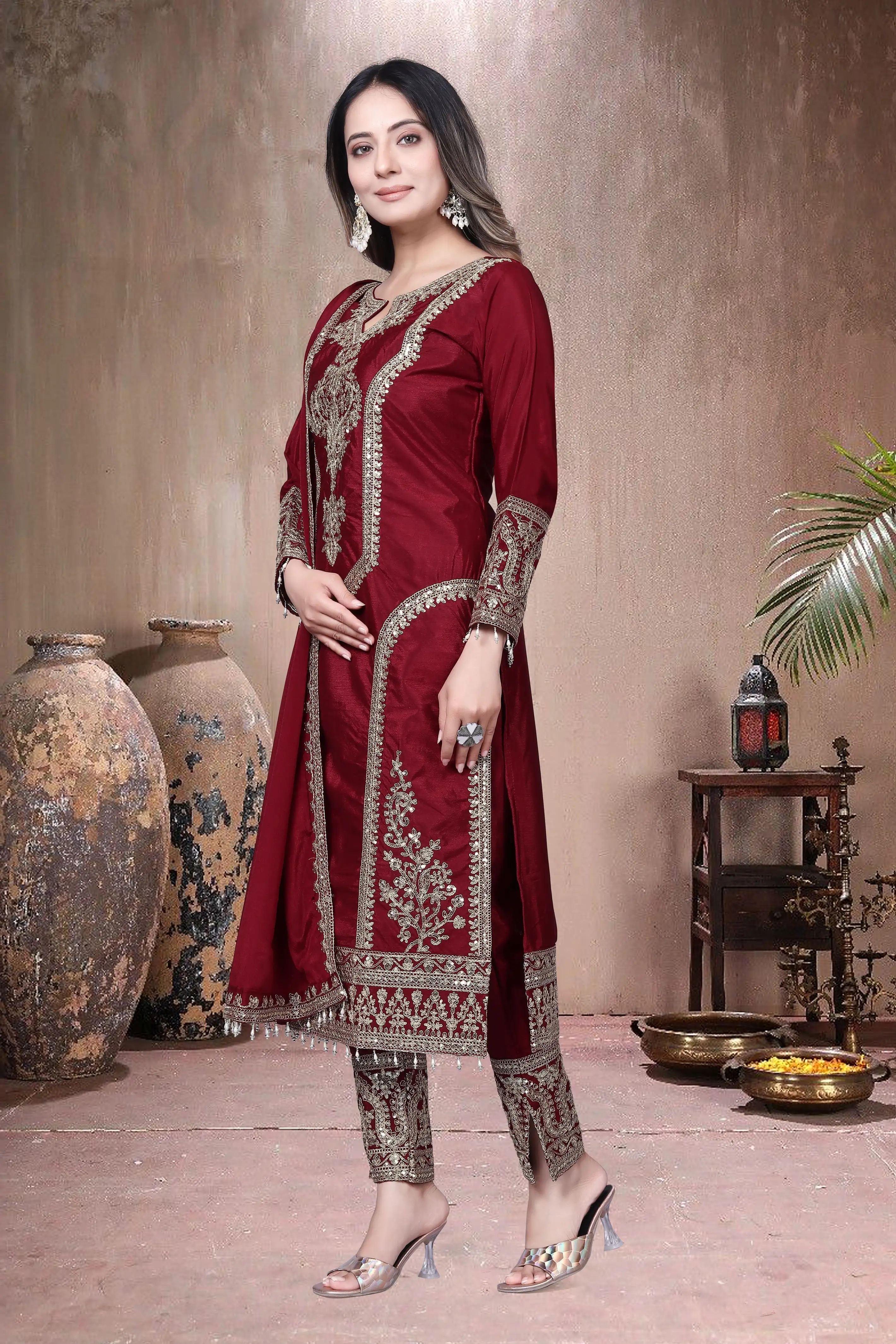 Trendy Women's Salwar Suit With Embroidery Sequence Work Ethnic Set Top-Bottom And Dupatta Set Fully Stitched Ready To Wear| Kurta Pant image 4